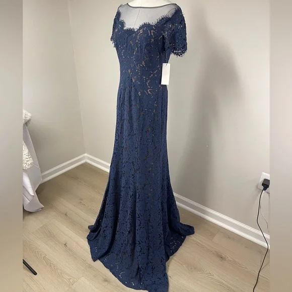 NWT Rene Ruiz Illusion Lace Floral Gown Navy Blue Size 6 - Picture 6 of 16
